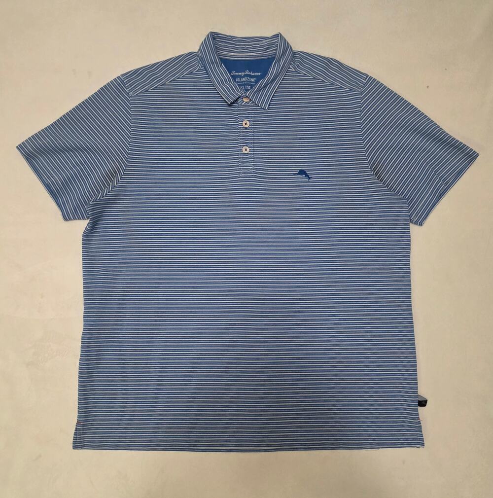 Tommy Bahama IslandZone Men's XL Blue Striped Polo Shirt - Pima Cotton Blend